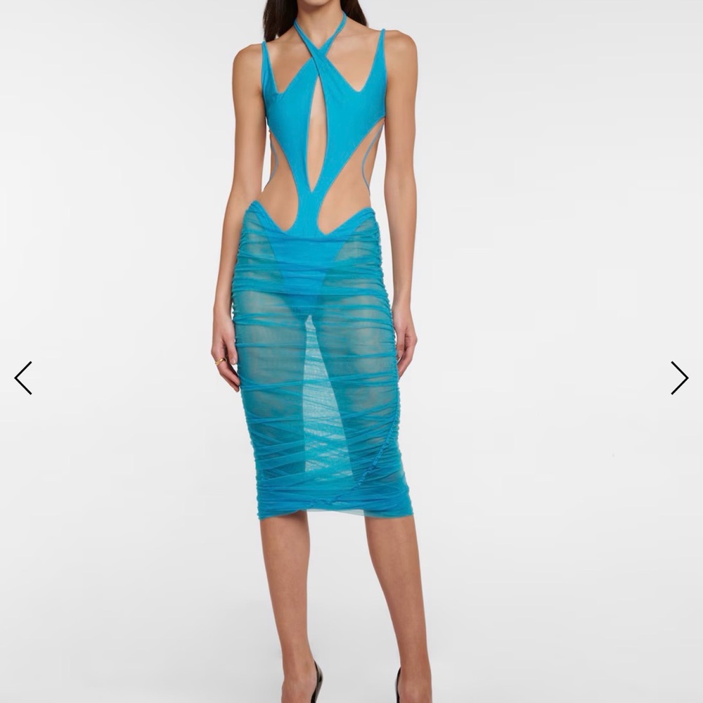 Mugler Blue sheer panel Cut-Out Midi Dress size Medium